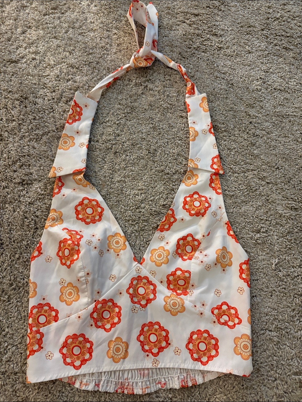 SHEIN White Halter Crop Top with Orange Floral Print